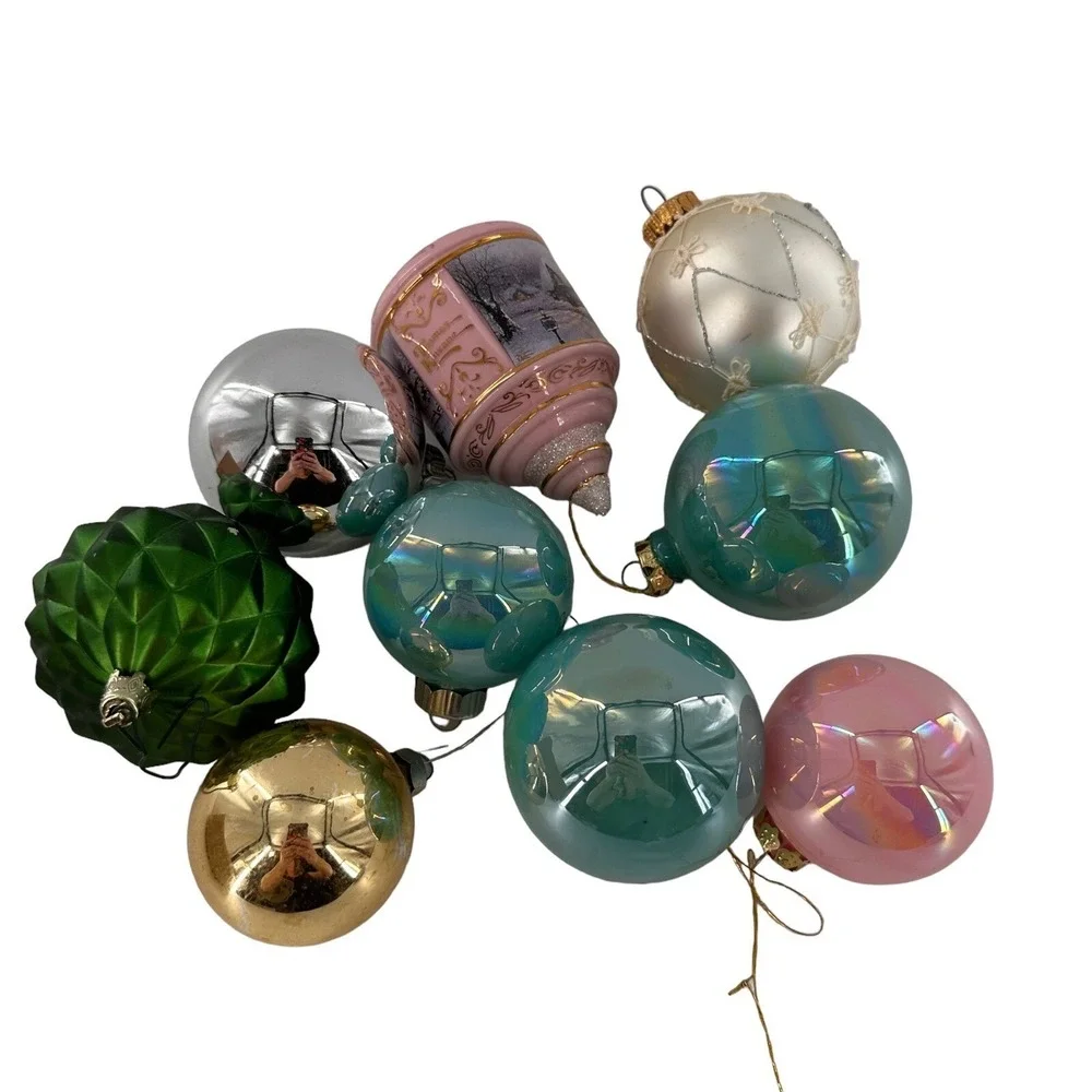9pc Mercury Glass Christmas Ornament Blown Gold Green Tree Multicolor Retro Ball